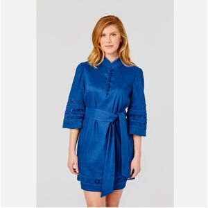 Cartolina Blue Eyelet Lace Mandarin Collar Mini Dress‎ with Waist Tie Medium
